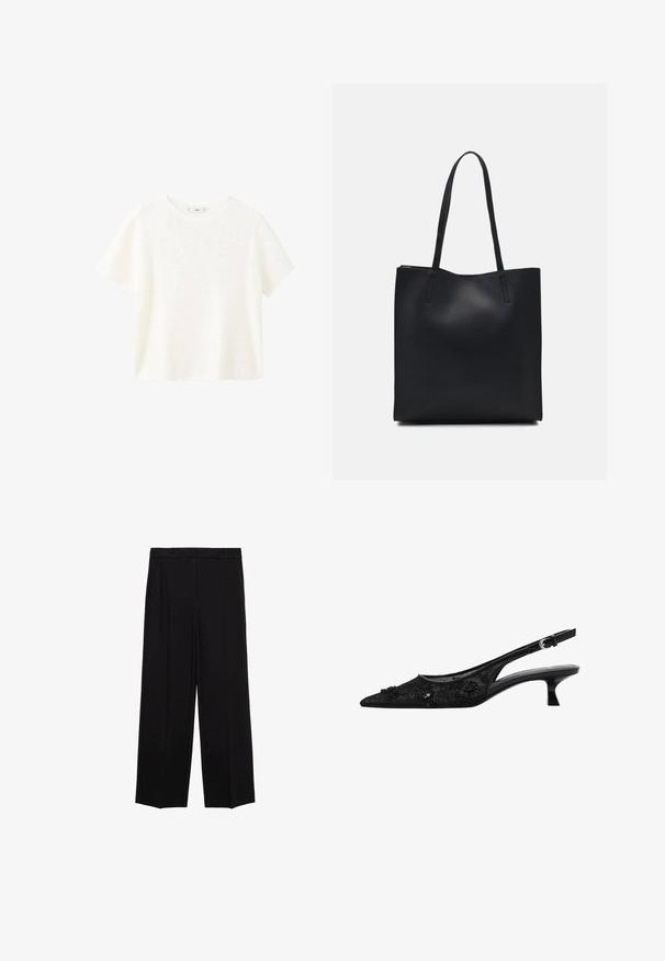 Vit kortärmad ribbad topp med rund halsringning. Mjuk textur och avslappnad passform, med en enkel design utan ytterligare mönster.; Svarta vida byxor i en mjuk tygkvalitet, med veck framtill och sidofickor, designade med en rak och avslappnad passform.; Svart slingback högklackade skor med spetsig tå, överdel i spets med snörning, blommiga pärldekorationer och en smal, vinklad klack.; Svart lädertoffelväska med slät textur, rektangulär form och två långa handtag. Ingen synlig hårdvara eller dekorationer.