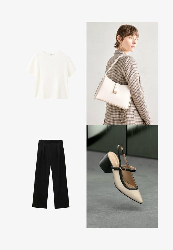Bijela kratka majica s kratkim rukavima i okruglim izrezom. Mekana tekstura i opušteni kroj, s jednostavnim dizajnom bez dodatnih uzoraka.; Crne široke hlače s plisama, s glatkom teksturom i visokim strukom. Minimalistički stil, bez vidljivih metalnih dijelova ili ukrasa.; Bež cipele s otvorenom petom i šiljastim vrhom, crnim obrubom, zlatnom kopčom i debelim blok-petom na sivom podu s tamnozelenom pozadinom.; Bijela kožna torba s čvrstim dizajnom, s magnetskim kopčanjem i remenom za rame, prikazana na neutralnoj pozadini.