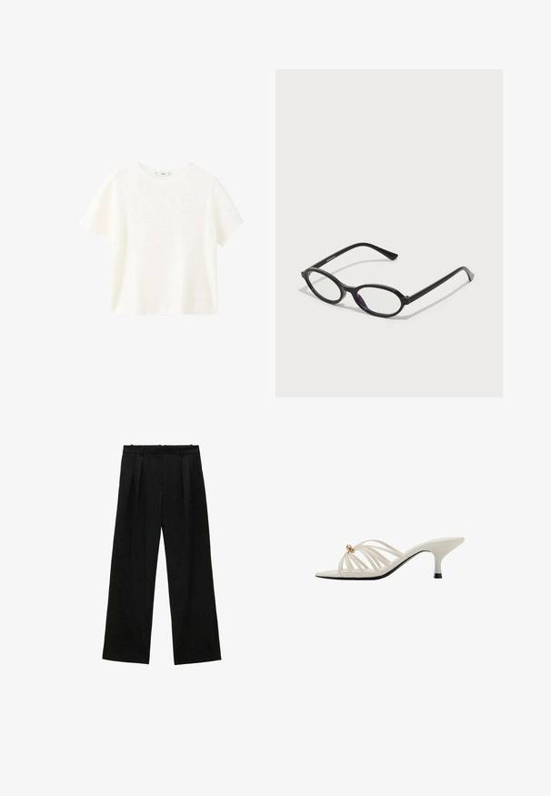White short-sleeve ribbed top with a round neckline. Soft texture and relaxed fit, featuring a simple design without additional patterns.; Black wide-leg trousers with pleats, featuring a smooth texture and a high waist design. Minimalist style, no visible hardware or embellishments.; Strappy white heeled sandals with a curved design, featuring a gold accent and a black sole. Smooth texture and open-toe style.; Black oval-frame glasses with translucent purple accents on the lenses. Frames have a matte finish and slender, straight temples.; Beige leather shoulder bag with a crescent shape, smooth texture, and a single curved handle. Features a zip closure and neat stitching.