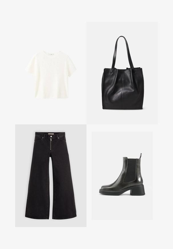 Bílý krátký rukáv, ribovaný top s kulatým výstřihem. Měkká textura a uvolněný střih, s jednoduchým designem bez dalších vzorů.; Džíny s širokými nohavicemi v černém denimovém provedení se zipem vpředu, pěti kapsami a jemnými švy. Hladká textura a ležérní styl.; Černé kožené kotníkové boty s hladkým povrchem, elastickými bočními panely a masivním podpatkem. Obsahují poutko pro snadnější nazouvání.; Černá kožená taška přes rameno s texturovaným povrchem, jedním oddělením a dvěma dlouhými uchy. Měkký, nestrukturovaný tvar bez viditelného kovového spojení.