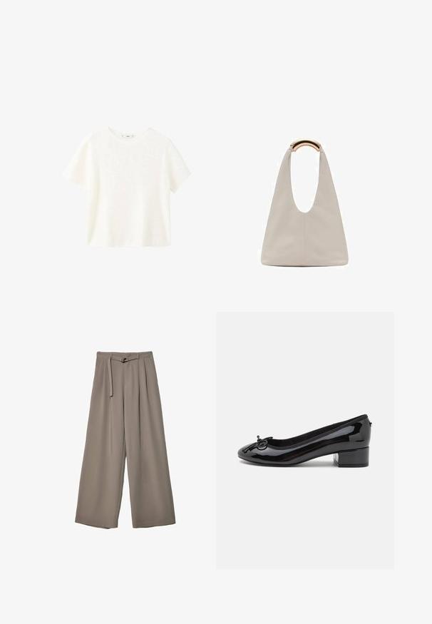 Biała krótka bluzka z krótkimi rękawami i okrągłym dekoltem. Miękka tekstura i luźny krój, z prostym wzornictwem bez dodatkowych wzorów.; Spodnie o szerokich nogawkach w miękkim, stonowanym szarym materiale, z paskiem w talii i plisami dla dodania detali projektowych. Gładka tekstura, bez wzorów.; Czarne lakierowane baleriny z zaokrąglonym noskiem, małym słupkiem i ozdobną kokardką z przodu. Gładka powierzchnia i wyściółka z miękkiego materiału.; Jasnoszara skórzana torba o kształcie litery U z zakrzywionym metalowym uchwytem. Gładka tekstura z minimalnymi szwami i bez widocznych wzorów.