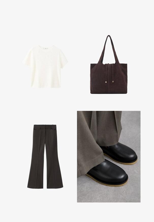 Valkoinen lyhythihainen ribbipaita, jossa on pyöreä pääntie. Pehmeä materiaali ja rento istuvuus, yksinkertainen muotoilu ilman lisäkuvioita.; Mustat vyötäröltä korkealla loistavat housut; niissä on kaksi etutaskua ja sileä kangaspinta. Sopii eri tilaisuuksiin.; Mustat nahkakengät, joissa on pyöreä varvas, litteä pohja ja vaaleanruskea kontrastipohja, yhdistettyinä löysiin harmaisiin housuihin.; Mango Shopping bag - dark brown