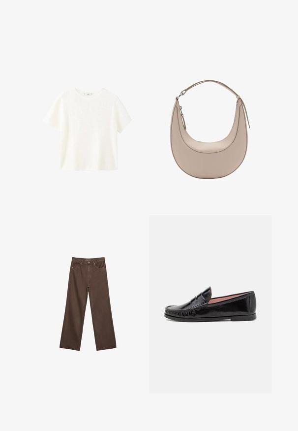 Biely krátky rukáv ribbovaného trička s okrúhlym výstrihom. Mäkka textúra a voľný strih, s jednoduchým dizajnom bez dodatočných vzorov.; Džínsy s širokými nohavicami v hnedej farbe, vyrobené z denimu, so zvýšeným pásom, prednými vreckami a klasickým zapínaním na gombík. Hladká textúra s jemným prešívaním.; Čierne lakované kožené mokasíny s okrúhlou špičkou, dekoratívnym šitím na vrchu a nízkou plochou gumovou podrážkou.; Béžová kožená taška cez rameno s polkruhovým tvarom, hladkou textúrou a jedným zakriveným uchom. Obsahuje zipsové uzatváranie a úhľadné švy.