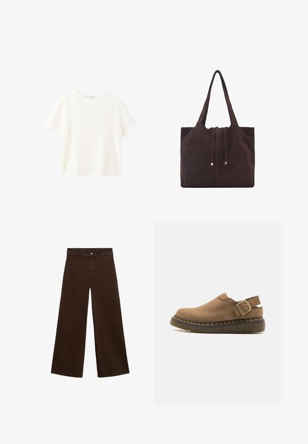 Weißes kurzärmliges, geripptes Oberteil mit Rundhalsausschnitt. Weicher Stoff und lässige Passform, einfaches Design ohne zusätzliche Muster.; Braune, weit geschnittene Hosen aus Baumwollmischung mit fransigem Saum, vorderem Knopfverschluss und klassischem Fünf-Taschen-Design. Minimalistisch und vielseitig.; Dr. Martens LAKETEN - Slipper - dark khaki/buttersoft; Mango Shopping Bag - dark brown