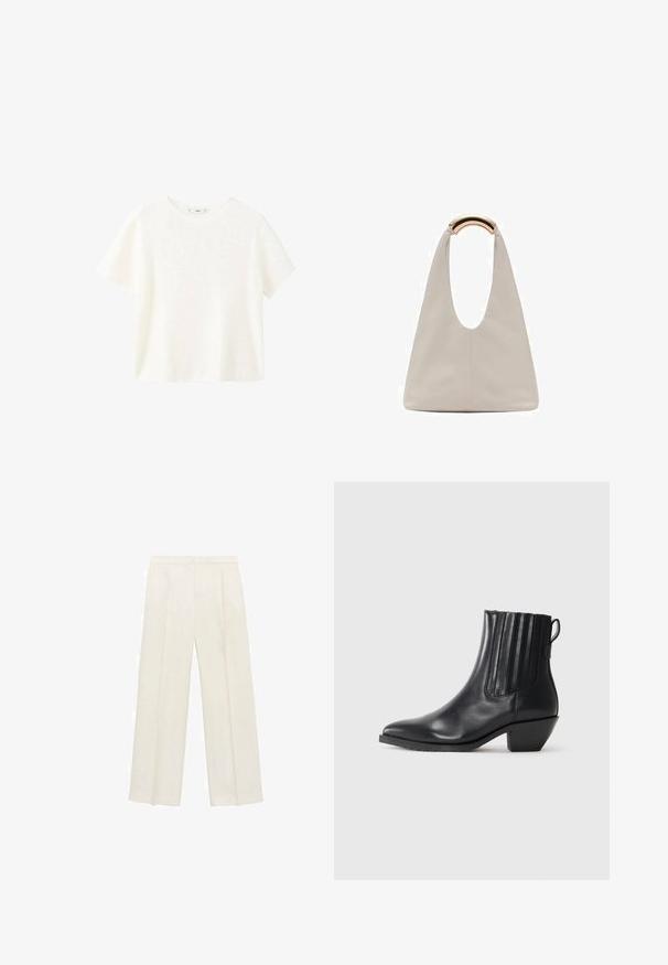 Top alb cu maneci scurte din material răsucit, cu guler rotund. Textură moale și croială lejeră, având un design simplu, fără modele suplimentare.; Pantaloni cu picioare largi, de culoare crem deschis. Realizați dintr-un material neted, cu plisuri în față și buzunare laterale.; Boots de piele negre până la gleznă, cu panouri elastice laterale, vârf ascuțit și toc mic bloc. Designul prezintă o textură netedă și un stil minimalist.; Geantă din piele gri deschis cu un design în formă de U și un mâner metalic curbat. Textură netedă cu cusături minime și fără modele vizibile.
