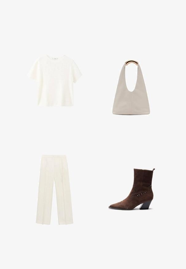 Valkoinen lyhythihainen ribbipaita, jossa on pyöreä pääntie. Pehmeä materiaali ja rento istuvuus, yksinkertainen muotoilu ilman lisäkuvioita.; Valkoiset leveälahkeiset housut vaaleassa kermassa. Valmistettu sileästä kankaasta, jossa on laskokset edessä ja sivutaskut.; Ruske nubuk ankle boots dengan ujung runcing, dihias dengan paku keling perak dalam pola dekoratif, dan memiliki tumit bertingkat untuk stabilitas.; Vaalea harmaa nahkalaukku, jossa on U-muotoinen muotoilu ja kaareva metallikahva. Suora pinta, jossa on minimaalinen ompelu ja ei näkyviä kuvioita.