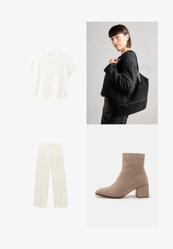 White short-sleeve ribbed top with a round neckline. Soft texture and relaxed fit, featuring a simple design without additional patterns.; Wide-legged trousers in a light cream color. Made from a smooth fabric with pleats at the front and side pockets.; Beige suede ankle boot with a pointed toe and a chunky square heel. The surface is smooth with a soft texture and minimal detailing.; Black suede tote bag with a smooth texture, structured shape, and contrasting stitching. Features long straps for shoulder carry.