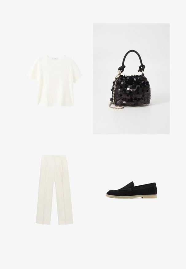 White short-sleeve ribbed top with a round neckline. Soft texture and relaxed fit, featuring a simple design without additional patterns.; Wide-legged trousers in a light cream color. Made from a smooth fabric with pleats at the front and side pockets.; Black suede loafers with a flat beige sole, featuring a stitched design and a sleek slip-on style, suitable for casual wear.; Black sequin mini handbag with a knotted textured strap and silver chain. Rounded shape with gathered top and reflective detailing.
