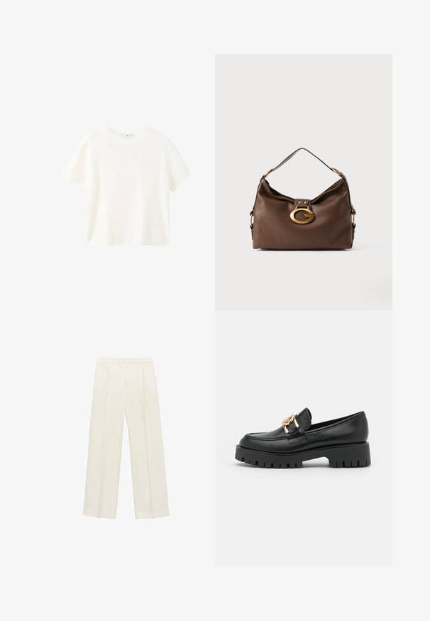 Weißes kurzärmliges, geripptes Oberteil mit Rundhalsausschnitt. Weicher Stoff und lässige Passform, einfaches Design ohne zusätzliche Muster.; Weit geschnittene Hosen in einem hellen cremefarbenen Farbton. Hergestellt aus einem glatten Stoff mit Falten an der Vorderseite und seitlichen Taschen.; Schwarze Lederloafers mit einer dicken Sohle und goldenen Hardware-Akzenten; verfügen über eine abgerundete Spitze und eine gestickte Detailverarbeitung entlang des Obermaterials.; Braune Handtasche aus Leder mit strukturiertem Finish, ausgestattet mit einem goldfarbigen Verschluss und einem einzigen, geschwungenen Schulterriemen.
