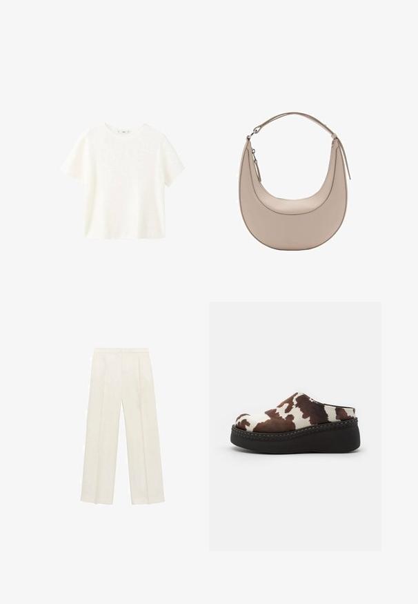 Witte ribbeltop met korte mouwen en een ronde hals. Zachte textuur en een relaxte pasvorm, met een eenvoudig ontwerp zonder extra patronen.; Wijdgevallen broeken in een lichtcrème kleur. Gemaakt van een zachte stof met plooien aan de voorkant en zijzakken.; Bruine en witte koeienprint platformklompen met een zachte bovenkant, ronde neus en een duurzame zwarte rubberen zool. Gestikte details aan de onderkant.; Beige leren schoudertas met een halve maanvorm, een soepele textuur en een enkele gebogen handgreep. Voorzien van een ritssluiting en nette stiksels.