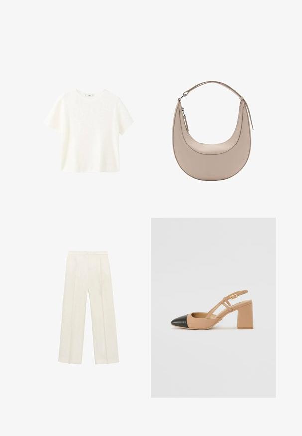 White short-sleeve ribbed top with a round neckline. Soft texture and relaxed fit, featuring a simple design without additional patterns.; Wide-legged trousers in a light cream color. Made from a smooth fabric with pleats at the front and side pockets.; Beige slingback shoe with a black cap toe, a square high heel, and two strap accents, made from smooth material.; Beige leather shoulder bag with a crescent shape, smooth texture, and a single curved handle. Features a zip closure and neat stitching.