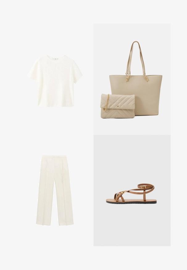 White short-sleeve ribbed top with a round neckline. Soft texture and relaxed fit, featuring a simple design without additional patterns.; Wide-legged trousers in a light cream color. Made from a smooth fabric with pleats at the front and side pockets.; Brown leather sandal with thin strappy design, featuring a gold-tone buckle and flat black sole with zigzag edge.; Beige tote bag with flat handles, smooth texture, and gold hardware, paired with a matching quilted clutch featuring a chain strap.; Cream padded headband with twisted design, paired with a beige and white striped shirt featuring a round neckline. Subtle jewelry accents.