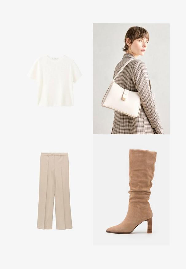 Bela kratka majica s kratkimi rokavi in ribanim tekstilom ter okroglim izrezom. Mehak material in sproščen kroj, ki se ponaša s preprostim dizajnom brez dodatnih vzorcev.; Svetlo bež široke hlače z gladko teksturo, ki imajo naguban sprednji del in stranske žepi ter oblikovan pas.; Beige usnjeni škornji do kolen s plišastim dizajnom, koničastim nožnim delom in trdim, rebrastim blok podplatom. Gladka tekstura in poenostavljena oblika.; Bela usnjena torba s strukturirano zasnovo, opremljena z magnetnim zapiranjem in naramnico, prikazana na nevtralni ozadju.