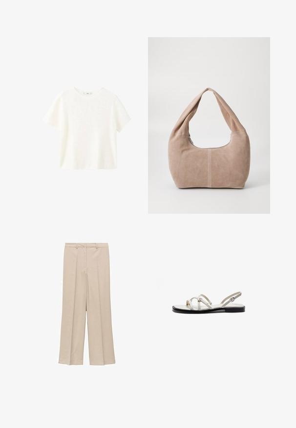 Top alb cu maneci scurte din material răsucit, cu guler rotund. Textură moale și croială lejeră, având un design simplu, fără modele suplimentare.; Pantaloni largi bej deschis, cu o textură fină, având un front plisat și buzunare laterale, precum și un design cu talie adaptată.; Sandale plate cu barete subțiri din metal, un suport de un crem deschis și o talpă neagră. Detaliu cu cataramă ajustabilă pe bareta de gleznă.; Geantă hobo realizată din material moale, de tip suede, într-o nuanță de bej deschis. Are o formă rotundă, cu o curea lată și închidere cu fermoar.