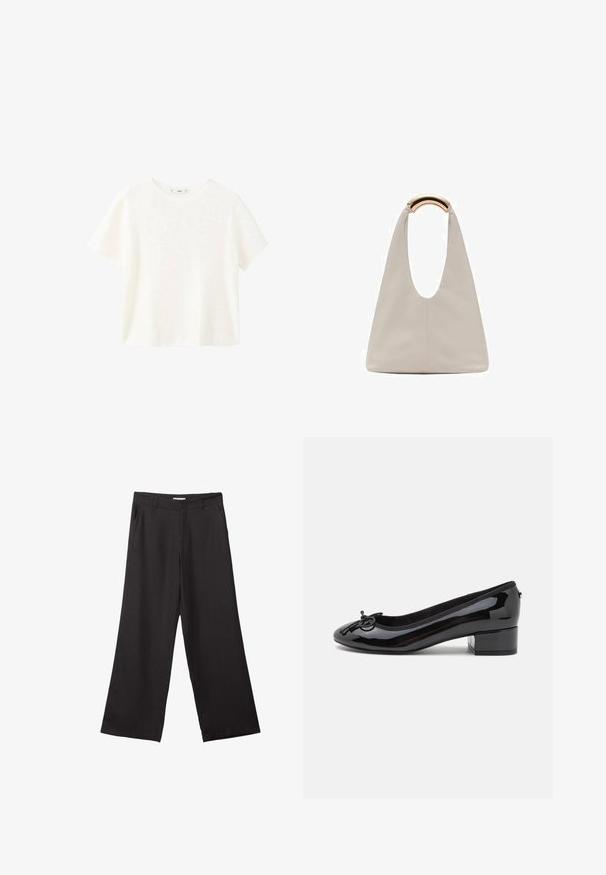 Biała krótka bluzka z krótkimi rękawami i okrągłym dekoltem. Miękka tekstura i luźny krój, z prostym wzornictwem bez dodatkowych wzorów.; Czarne spodnie z szerokimi nogawkami, wykonane z gładkiego materiału, z przednim zamkiem błyskawicznym i dwoma bocznymi kieszeniami, o dopasowanym kroju i minimalistycznym wzornictwie.; Czarne lakierowane baleriny z zaokrąglonym noskiem, małym słupkiem i ozdobną kokardką z przodu. Gładka powierzchnia i wyściółka z miękkiego materiału.; Jasnoszara skórzana torba o kształcie litery U z zakrzywionym metalowym uchwytem. Gładka tekstura z minimalnymi szwami i bez widocznych wzorów.