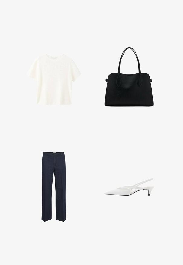 Top alb cu maneci scurte din material răsucit, cu guler rotund. Textură moale și croială lejeră, având un design simplu, fără modele suplimentare.; Jeans negri, cu picioare largi, cu un talie clasică și buzunare frontale, concepuți pentru un confort sporit și un stil versatil.; Sandale albe cu toc slingback și vârf ascuțit, având un upper neted, decupaje subtile și un toc bloc mic. Talpa neagră accentuează designul.; Geantă din piele neagră cu două mânere pentru umăr, formă rectangulară și design minimalistic pe un fundal alb.
