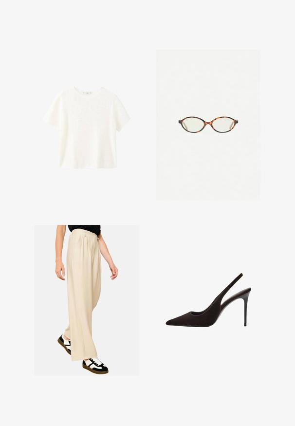 Bela kratka majica s kratkimi rokavi in ribanim tekstilom ter okroglim izrezom. Mehak material in sproščen kroj, ki se ponaša s preprostim dizajnom brez dodatnih vzorcev.; Svetlo bež široke hlače iz mehkega materiala, ki ponujajo sproščen kroj, sprednje naborke in elastičen pas. Ujemajo se z črnobelnimi supergami.; Rjavi semiš slingback visoke pete s špičastim nosom, elegantnim dizajnom, izrezanimi stranicami in tankim stiletto peto.; Kornjačaste očala z ovalnimi lečami in gladko, sijočo površino. Imajo tanke stranice z rahlim ovinkom na templjih. Prosojne leče.