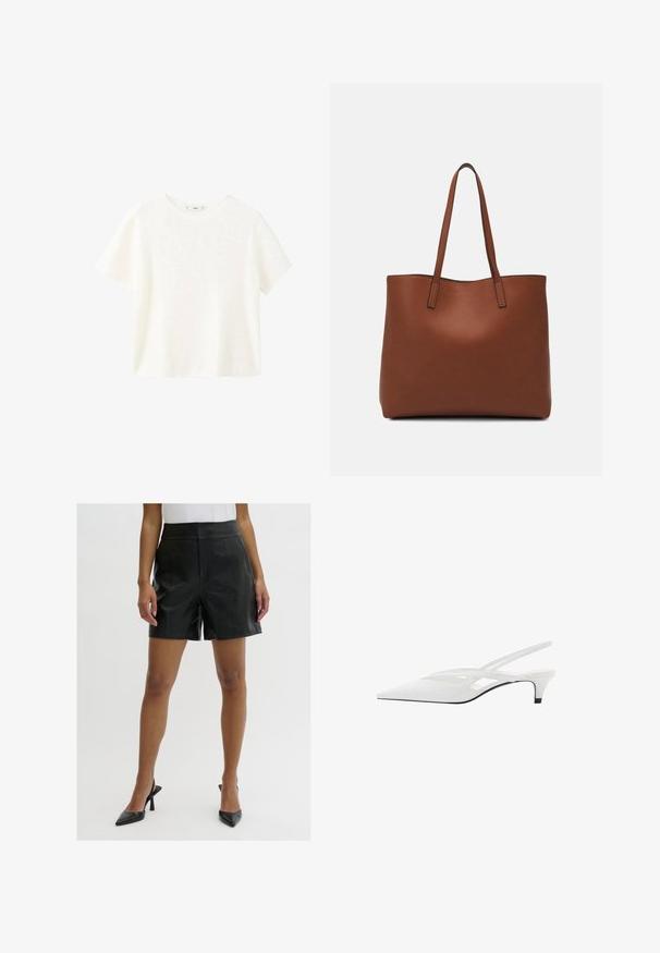 Bela kratka majica s kratkimi rokavi in ribanim tekstilom ter okroglim izrezom. Mehak material in sproščen kroj, ki se ponaša s preprostim dizajnom brez dodatnih vzorcev.; Črne usnjene kratke hlače z visokim pasom, ki se ponašajo z gladko teksturo, dvema sprednjima žepoma in čistimi, prilagojenimi linijami.; Bela slingback peta z ošiljenim nosom, z gladkim zgornjim delom, subtilnimi izrezi in nizkim blok petkom. Črna podplat poudarja dizajn.; Rjava usnjena torba z gladko teksturo, odprto zasnovo zgoraj in dvema naramnima trakovoma. Opremljena je z minimalnim šivanjem in brez vidnih kovinskih delov.