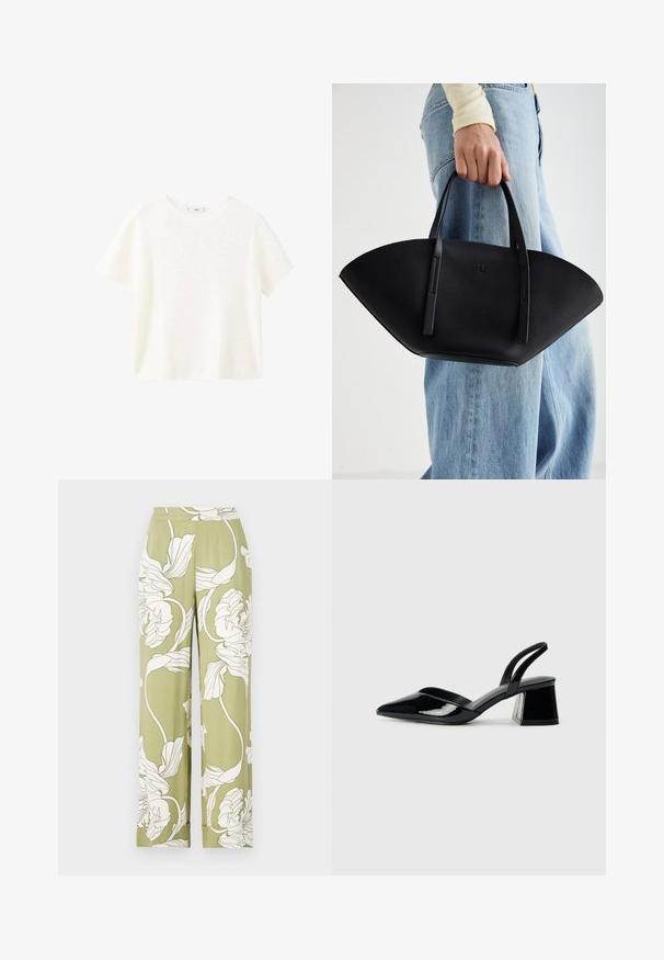 Top alb cu maneci scurte din material răsucit, cu guler rotund. Textură moale și croială lejeră, având un design simplu, fără modele suplimentare.; Pantaloni largi florali în verde deschis, cu imprimeuri botanice albe. Prezentază un brâu elastic și un material moale, texturat.; Pantofi cu toc slingback din piele lacuită neagră, cu vârf ascuțit și toc geometric. Prezintă un design elegant, minimalist și o textură netedă.; Geantă de piele neagră cu o formă unică de evantai, având mânere plate. Suprafața are o textură cu mici granule și un design minimalist.