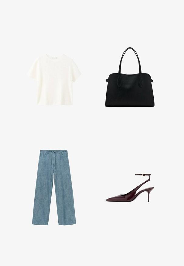 Witte ribbeltop met korte mouwen en een ronde hals. Zachte textuur en een relaxte pasvorm, met een eenvoudig ontwerp zonder extra patronen.; Lichtblauwe gestreepte wijde pijpenbroek met een trekkoord in de taille, voorzien van twee zijzakken en een zachte, gestructureerde stof.; Bordeaux gepatineerd leren puntige slingback pump met dunne enkelband en halfhoge stiletto hak op een witte achtergrond.; Zwarte leren handtas met dubbele schouderriemen, rechthoekige vorm en minimalistisch ontwerp op een witte achtergrond.