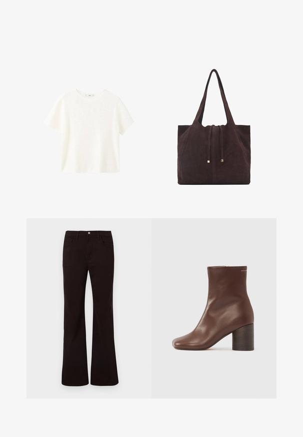 Bela kratka majica s kratkimi rokavi in ribanim tekstilom ter okroglim izrezom. Mehak material in sproščen kroj, ki se ponaša s preprostim dizajnom brez dodatnih vzorcev.; Črne visokopasne zvonaste kavbojke z sprednjim gumbom, zadrgo, zankami za pas in sprednjimi ter zadnjimi žepi na belem ozadju.; Rjavi usnjeni gležnarji z gladko teksturo, kvadratnim sprednjim delom in trdim lesenim petkom, z enostavnim zadrgo ob strani.; Mango Torba za nakupovanje - dark brown