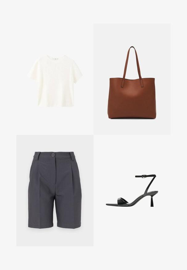 Top alb cu maneci scurte din material răsucit, cu guler rotund. Textură moale și croială lejeră, având un design simplu, fără modele suplimentare.; Pantaloni scurți gri, croiți, cu pliseuri, închidere cu nasture și buzunare laterale. Realizați dintr-un material neted, ușor, cu o croială structurată.; Bershka Sandale cu toc - black; Geantă de umăr din piele maro cu o textură netedă, design cu vârf deschis și două curele pentru umăr. Prezintă cusături minime și fără componente metalice vizibile.