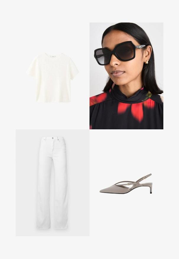White short-sleeve ribbed top with a round neckline. Soft texture and relaxed fit, featuring a simple design without additional patterns.; White denim jeans featuring a straight leg design, five-pocket style, and a classic button and zipper closure with silver hardware.; Beige slingback heels with a pointed toe, thin crossed straps, and a short stiletto heel. Smooth fabric with gold-tone hardware accents.; Black oversized sunglasses with a geometric frame, dark tinted lenses, and gold-tone accent hardware, worn with a floral pattern high-collared top.