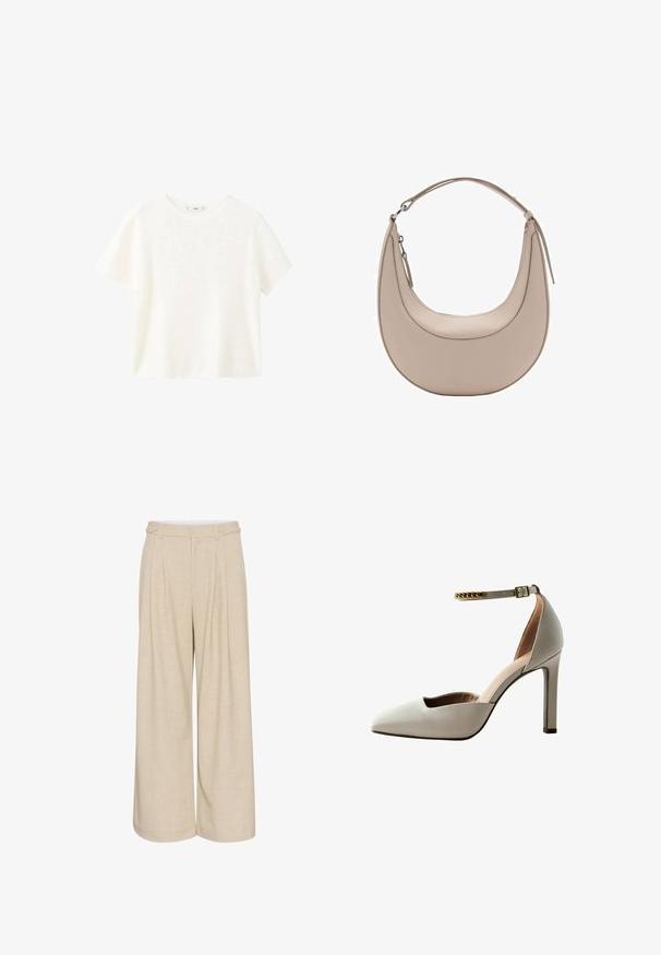 Bílý krátký rukáv, ribovaný top s kulatým výstřihem. Měkká textura a uvolněný střih, s jednoduchým designem bez dalších vzorů.; Krémové kalhoty s širokými nohavicemi ze strukturované látky s vysokým pasem, které mají dva přední knoflíky a dvojité boční kapsy pro praktičnost.; Světle šedý lodičkový bot s špičatou špičkou, otevřeným svrškem, kotníkovým páskem a zlatým řetízkem. Hladká kožená textura.; Světle béžová kožená kabelka přes rameno s půlměsíčovým tvarem, hladkým povrchem a jedním zakřiveným uchopem. Obsahuje zipový uzávěr a upravené švy.
