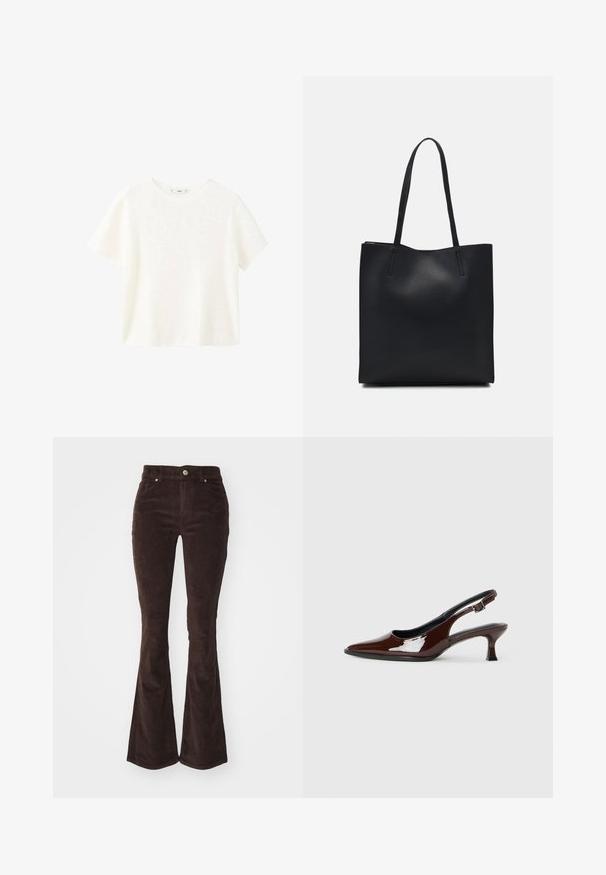 Weißes kurzärmliges, geripptes Oberteil mit Rundhalsausschnitt. Weicher Stoff und lässige Passform, einfaches Design ohne zusätzliche Muster.; Vero Moda Stoffhose - chocolate torte; Braune Lackleder-Slingback-Schuhe mit spitzer Zehe und moderatem Absatz. Mit einem Schnallenriemen für einen sicheren Sitz. Glatte Textur.; Schwarze Laptoptasche aus Leder mit glatter Textur, rechteckiger Form und zwei langen Griffen. Keine sichtbaren Beschläge oder Verzierungen.