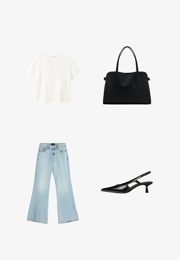 Biała krótka bluzka z krótkimi rękawami i okrągłym dekoltem. Miękka tekstura i luźny krój, z prostym wzornictwem bez dodatkowych wzorów.; Jasnoniebieskie spodnie z szerokimi nogawkami, wykonane z denimu. Wysoki stan z pięcioma kieszeniami i surowym wykończeniem. Przygaszona kolorystyka z subtelnym efektem przetarcia i detalami przeszycia.; Czarne lakierowane czółenka na odkrytej pięcie z wąskim noskiem, z wykrojem po bokach i małym kwadratowym obcasem. Gładka faktura z minimalnymi akcentami.; Czarna skórzana torba na ramię z podwójnymi paskami, prostokątny kształt i minimalistyczny design na białym tle.