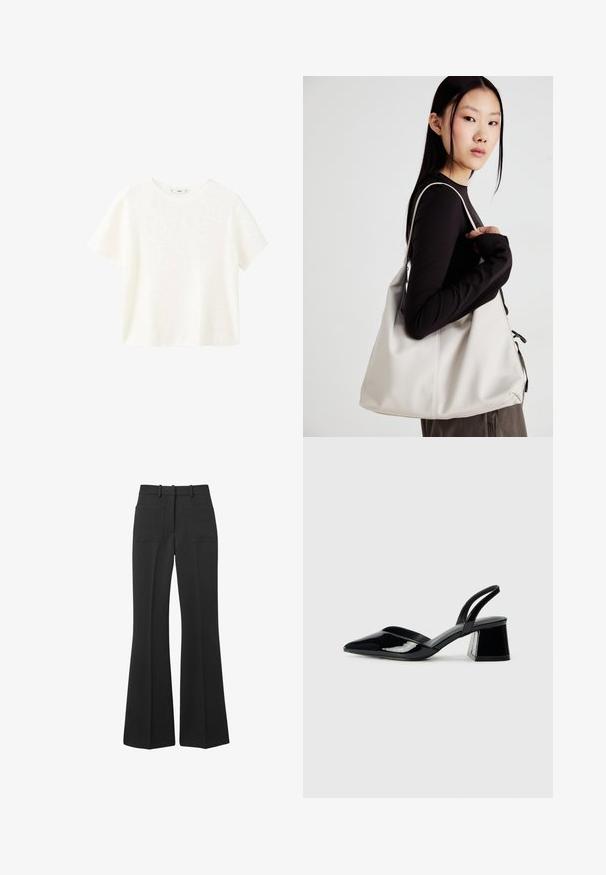 Weißes kurzärmliges, geripptes Oberteil mit Rundhalsausschnitt. Weicher Stoff und lässige Passform, einfaches Design ohne zusätzliche Muster.; Schwarze, ausgestellte Hosen aus glattem Stoff. Enthält zwei Gesäßtaschen und Gürtelschlaufen, mit einem weiten Bein-Design, das sich an der Taille verjüngt.; Schwarze Lackleder-Slingback-High Heels mit spitzem Schuh und einem geometrischen Blockabsatz. Verfügt über ein schlankes, minimalistisches Design und eine glatte Textur.; Beige Handtasche aus weichem Material, mit einem lässigen Design, gesteppten Details und zwei Schulterriemen. Geeignet für den täglichen Gebrauch.
