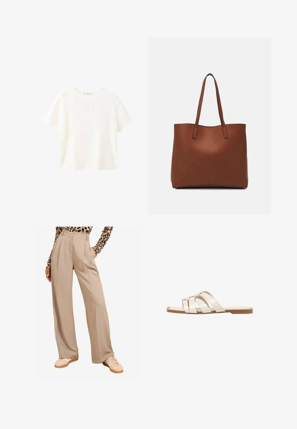 White short-sleeve ribbed top with a round neckline. Soft texture and relaxed fit, featuring a simple design without additional patterns.; Beige wide-leg trousers, pleated front, high waist, side pockets, paired with light-colored sneakers. Fabric appears smooth and structured.; Flat sandals with a tan rubber sole, designed with three overlapping white leather straps and a small bow detail at the center.; Brown leather tote bag with a smooth texture, open top design, and two shoulder straps. Features minimal stitching and no visible hardware.