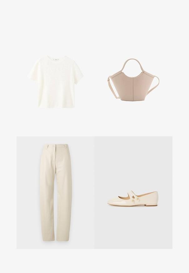 Biała krótka bluzka z krótkimi rękawami i okrągłym dekoltem. Miękka tekstura i luźny krój, z prostym wzornictwem bez dodatkowych wzorów.; Beżowe spodnie prostego kroju z zapięciem na guzik i zamek błyskawiczny, kieszeniami bocznymi oraz pętelkami na pasek, na jednolitym białym tle.; Białe lakierowane baleriny z dwoma dekoracyjnymi paskami i złotymi guzikami, z okrągłym noskiem i niskim obcasem w kształcie słupka.; Beżowa skórzana torebka o unikalnym kształcie, z dwoma krótkimi uchwytami i długim, regulowanym paskiem. Gładka tekstura z minimalną ilością elementów metalowych.