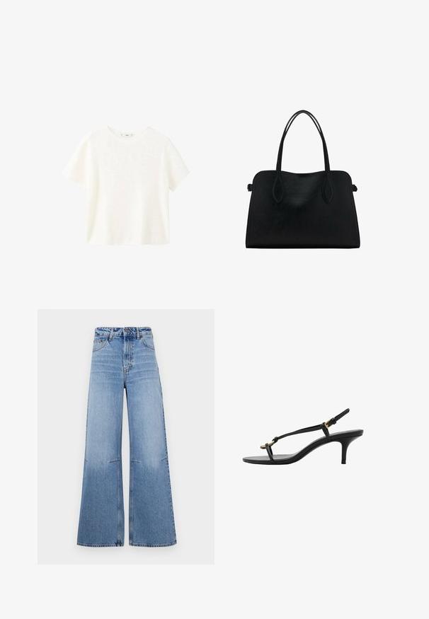 Valkoinen lyhythihainen ribbipaita, jossa on pyöreä pääntie. Pehmeä materiaali ja rento istuvuus, yksinkertainen muotoilu ilman lisäkuvioita.; Vaaleansiniset väljemmät denimit joissa on korkea vyötärö, etutaskut ja sauman yksityiskohtia, jotka kulkevat pystysuoraan lahkeita pitkin.; Mustat nahkakengät, joissa on kissankorko, ohuet hihnat, kultainen solki ja minimalistinen varvaslenkki valkoisella taustalla.; Mustavihreä nahkalaukku, jossa on kaksinkertaiset olkahihnat, suorakaiteen muotoinen ja minimalistinen muotoilu valkoisella taustalla.