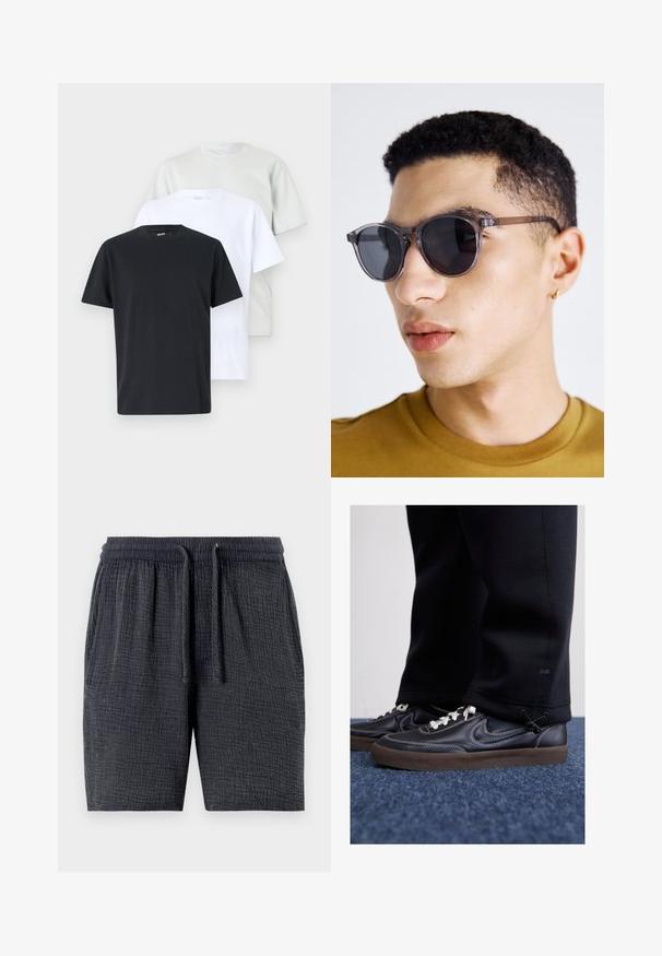Tre T-shirt a manica corta, in nero, bianco e grigio chiaro, realizzate in cotone con collo rotondo e una vestibilità comoda. Colori uniformi e lisci.; Pantaloni corti grigio scuro realizzati in tessuto testurizzato, dotati di una vita elasticizzata con cordino e tasche laterali.; Nike Sportswear KILLSHOT 2 LTR PRM OPP2 - Sneakers basse - black sail baroque brown mtlc dk grey; Occhiali da sole tondi con tonalità grigia, dotati di una montatura trasparente, lenti scure e aste sottili e eleganti. Indossati da una persona con capelli corti e ricci.