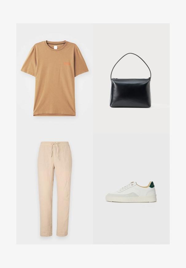Brun kortermet T-skjorte laget av bomull med rund hals, som har liten oransje tekst på brystet og en avslappet passform.; Beige linbukser med snor i taljen, lige ben og en blød, tekstureret overflade. Har to sidelommer og minimal syning.; Hvit sneakers med semsket detaljer, rund tå, flate snøringer og en kremfarget gummisåle. Har grønn merking på hælen.; Svart glatt skinn håndveske med en enkelt buet håndtak og glidelås på toppen, vist mot en enkel hvit bakgrunn.