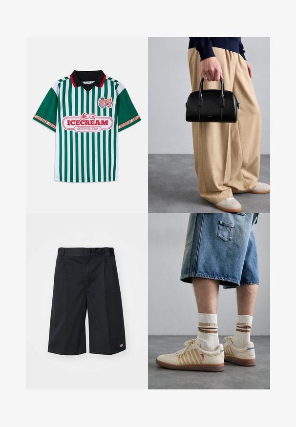 Grün-weißer gestreifter Poloshirt mit schwarzem Kragen. Verfügt über "EISCREME ZUBEHÖR" in Rot, ein Logo-Patch und rote Akzente an den Ärmeln.; Schwarze Shorts mit maßgeschneidertem Design, mit flachen Vorderfalten, einem standardmäßigen Bund und Seitentaschen. Hergestellt aus robustem Stoff.; Beige Retro-Sneaker mit braunem Gummisohle, mit gestreiften Akzenten und gestickten Logos. Getragen mit weißen Socken, gestreiftem braunen Detail.; Schwarze Lederhandtasche mit strukturiertem Design, doppelten Griffen, subtilen Steppdetails und einem goldenen Logo. Kombiniert mit beigen weitgeschnittenen Hosen.