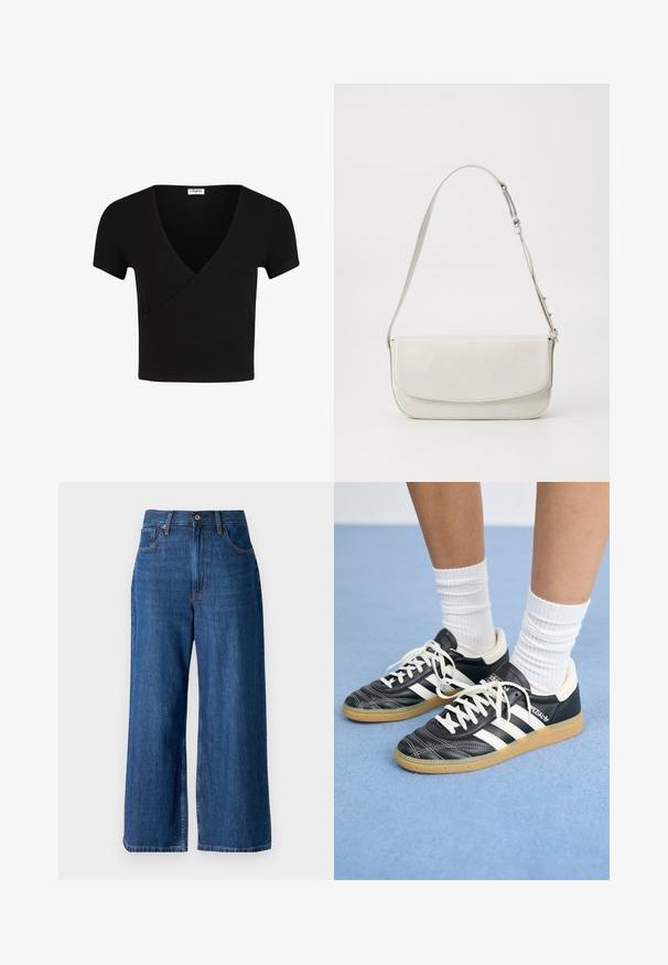 Černý žebrovaný top na ramínkách s krátkými rukávy a designem ve stylu překrývání. Hladká textura, přiléhavý silueta a žádné viditelné kovové prvky nebo ozdoby.; Široké denimové džíny v temně modré barvě s jemným vyblednutím, zipovým zapínáním a předními kapsami. Vyznačují se kontrastním šitím a standardním pasem.; Černé kožené tenisky s bílými pruhy, kulatou špičkou, bílými tkaničkami a gumovou podrážkou. Zvýrazněno polstrovaným límcem a detaily s logem.; Bílá kožená kabelka přes rameno s hladkým povrchem, obdélníkovým tvarem, klopovým zapínáním a nastavitelným popruhem. Jednoduché švy.