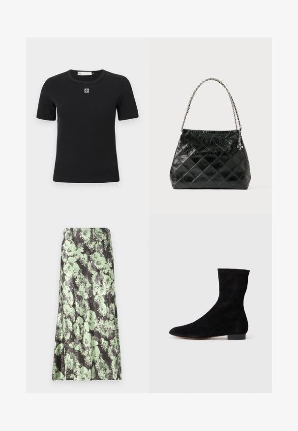 Černé krátké rukávy, žebrované tričko s kulatým výstřihem a čtvercovým logem na hrudi. Měkká textura a přiléhavý střih.; Květinová sukně s černým základem a světle zelenými květinovými vzory. Materiál vypadá hladce s mírně lesklou texturou a má prolévaný tvar.; Černá nubuková kotníková bota s úzkým svrškem, špičatou špičkou a nízkým blokovým podpatkem. Hladká textura a minimalistický design, vhodné pro všestranné styling.; Černá prošívaná kožená kabelka se stříbrným řetízkovým uchytem, s výrazným tvarem a hladkou texturou.