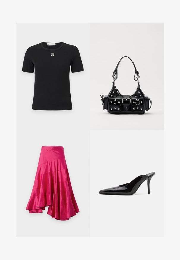 Black ribbed short-sleeve t-shirt with a round neckline and a square logo detail on the chest. Soft texture and fitted design.; Magenta satin skirt with a flared hem, featuring layered panels and an asymmetrical design. Smooth texture and mid-length cut.; Black patent leather high-heeled mule with a pointed toe and a sleek silhouette, featuring an open back and a slender stiletto heel.; Black leather handbag with a curved design, featuring silver studs, a buckle, and two side pockets. Adjustable strap for carrying options.