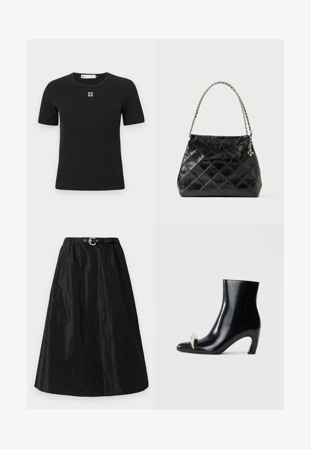 Black ribbed short-sleeve t-shirt with a round neckline and a square logo detail on the chest. Soft texture and fitted design.; Black skirt made of shiny, lightweight material. Features an elasticated waistband with a silver buckle and a smooth, A-line silhouette.; Black ankle boot made of glossy leather, featuring a pointed toe and a decorative gold and silver accent at the front. Block heel design.; Black quilted leather handbag with a silver chain handle, featuring a structured design and smooth texture.