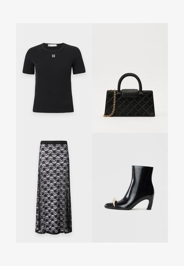T-shirt noir à manches courtes à côtes, avec un col rond et un détail logo carré sur la poitrine. Texture douce et design ajusté.; Jupe maxi en dentelle noire avec un motif ondulé, une texture transparente et une large taille noire pour un maintien sûr.; Bottine noire en cuir brillant, avec un bout pointu et un accent décoratif en or et argent à l'avant. Design à talon carré.; Sac à main noir en cuir texturé, avec un motif en diamant, une sangle en chaîne dorée, et une poignée supérieure avec un rabat à fermeture logotypée.