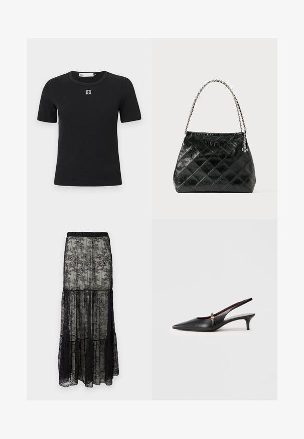 Crna rebrasta majica s kratkim rukavima, okruglim izrezom i kvadratnim detaljem logotipa na prsima. Mekana tekstura i prilagođen dizajn.; Crna čipkasta maksi suknja s višeslojnim dizajnom, s elastičnom trakastom omčom i cvjetnim uzorkom. Materijal je prozračan s mekanom teksturom.; Crne kožne cipele s povišenim petama, uskog vrha, tanke petice i zlatnim detaljem u blizini narukvice. Glatka tekstura i jednostavan dizajn.; Crna prešivana kožna torba s ručkom od srebrnog lanca, sa strukturiranim dizajnom i glatkom teksturom.