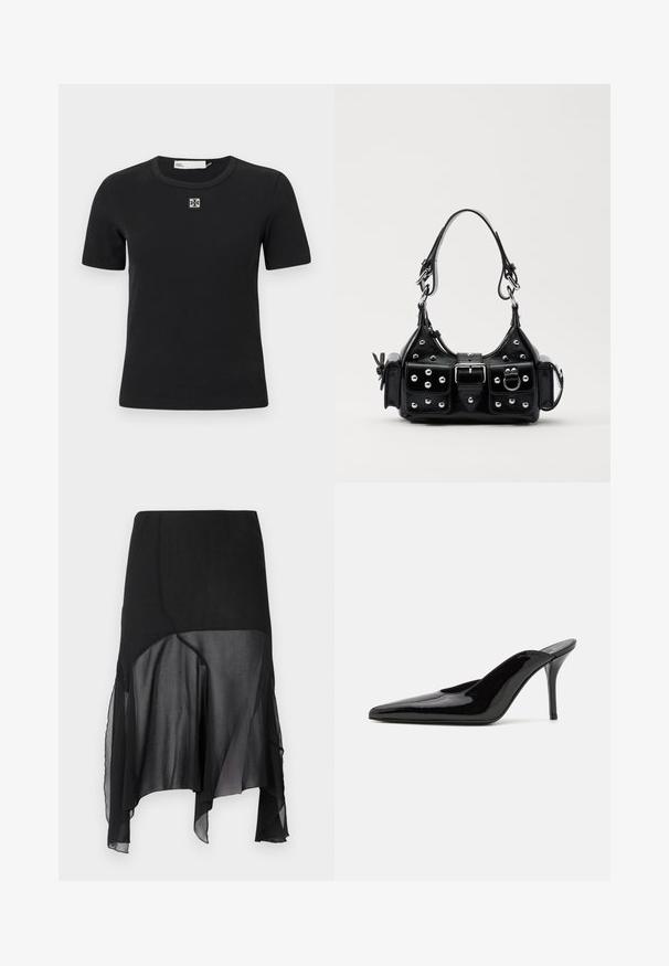 T-shirt noir à manches courtes à côtes, avec un col rond et un détail logo carré sur la poitrine. Texture douce et design ajusté.; AVAVAV DRAPED SKIRT - Jupe trapèze - black; Mule en cuir verni noir à talon haut avec un bout pointu et une silhouette épurée, doté d'un dos ouvert et d'un talon aigu slender.; Sac à main en cuir noir au design courbé, avec des clous en argent, une boucle et deux poches latérales. Bandoulière réglable pour différentes options de transport.