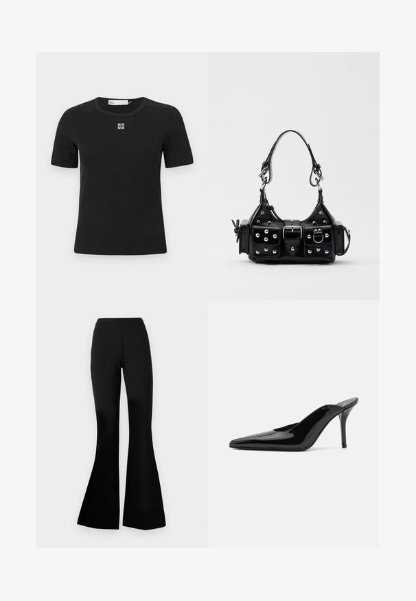 Black ribbed short-sleeve t-shirt with a round neckline and a square logo detail on the chest. Soft texture and fitted design.; Diane von Furstenberg GREGORY PANTS - Trousers - black; Black patent leather high-heeled mule with a pointed toe and a sleek silhouette, featuring an open back and a slender stiletto heel.; Black leather handbag with a curved design, featuring silver studs, a buckle, and two side pockets. Adjustable strap for carrying options.