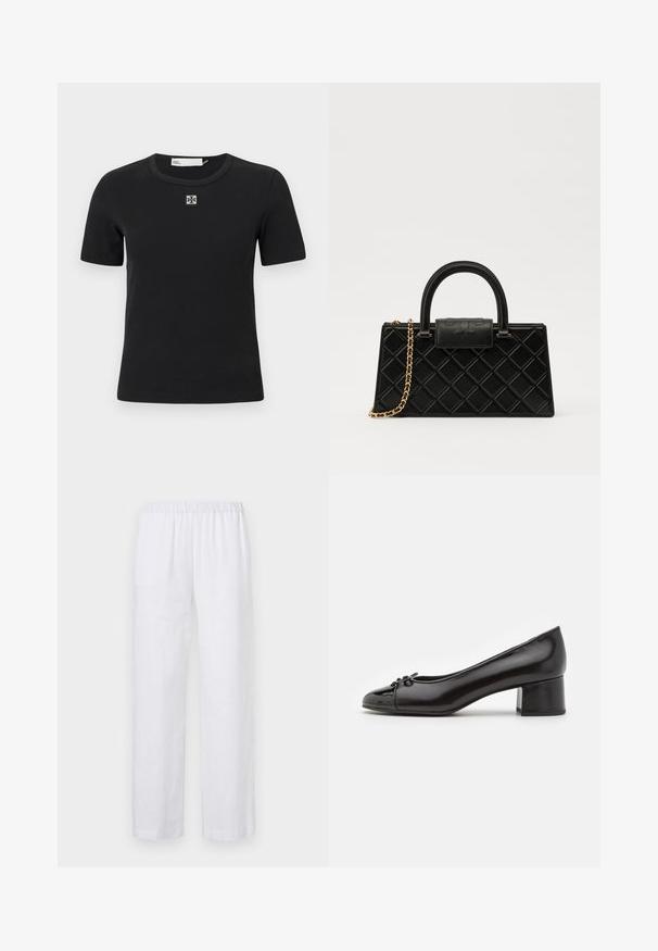 Zwarte geribde t-shirt met korte mouwen, een ronde halslijn en een vierkante logodetail op de borst. Zachte textuur en aansluitend ontwerp.; ASPESI PANTALONE - Broek - white; Zwarte gepatenteerde leren pump met een ronde neus, een kleine strikdetail aan de voorkant en een lage blokhak. Glad oppervlak overal.; Zwarte handtas van gestructureerd leer, met een diamanten patroon, een kettinghengsel in goudkleur, en een bovenhandvat met een logo-gegraveerde flapsluiting.