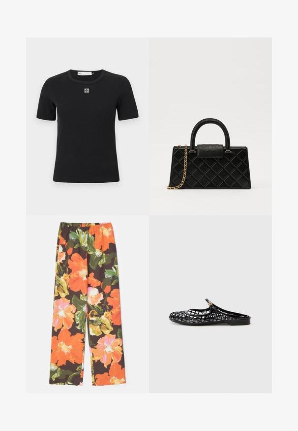 Juodas banguotas trumpomis rankovėmis marškinėliai su apvaliu iškirpimu ir kvadrato formos logotipo detale krūtinėje. Minkšta tekstūra ir prigludusi forma.; Stine Goya FATOU STRUCTURE STRETCH - Kelnės - summer night; Tory Burch MELLOW MARY JANE - Pantoletai - perfect black/gold; Juodas rankinės pagamintas iš struktūrizuotos odos, su deimanto raštu, auksinės spalvos grandinėle, viršutine rankena ir logotipu išsiskiriančiu užtrauktuku.