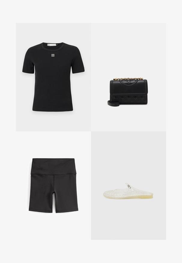 Melnas ribētu īso piedurknu T-kreklā ar apaļu kakla izgriezumu un kvadrātveida logotipa detaļu uz krūtīm. Mīksta faktūra un pieguļošs dizains.; Next CYCLING - Šorti - ultimate black; Caurs, plastmasas, viegli uzvelkamās kurpes ar režģa rakstu, noapaļota purngalu un mazu sudraba akcentu uz siksniņas. Elastīga zole caurspīdīgā krāsā.; Melna ādas rokassoma ar quilted dizainu. Tai ir zelta ķēdes siksna un atloka aizdare, uz kuras ir izcelts logotips uz priekšpuses.