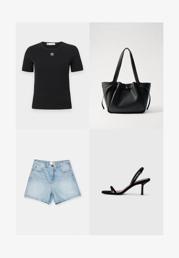 Black ribbed short-sleeve t-shirt with a round neckline and a square logo detail on the chest. Soft texture and fitted design.; FRAME THE EASY - Denim shorts - fizz indigo; Black suede women's high-heeled sandal with slim straps and a gold buckle on a white background, side view.; Black leather tote bag with two long straps, a cinched top, and a gold circular accent. Smooth texture with a minimalist design.