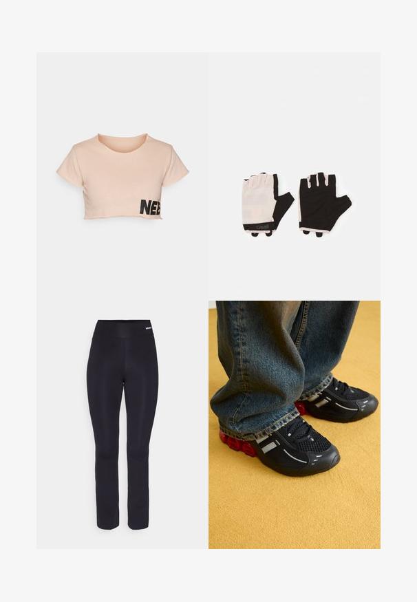 Vaaleanpunainen lyhythihainen crop-top, joka on valmistettu pehmeästä puuvillasta. Ominaisuuksina ovat lyhyet hihat ja musta "NEB" -printti vasemmassa alakulmassa. Pyöreä kaula-aukko.; Mustat urheiluhousut, joissa on sileä pinta, leveä joustava vyötärö ja mukautuva muotoilu, joka kapenee hieman nilkkaan.; Mustat urheilusandaalit, joissa on verkkokangas yläosassa, kiiltävät yksityiskohdat ja punainen vaimennus pohjassa, yhdistettynä sinisiin farkkuihin.; Kuntosalit hanskat, joissa on vaaleanpunainen ja musta muotoilu, valmistettu hengittävästä materiaalista, säädettävä ranneke ja teksturoidut otteen korostukset.